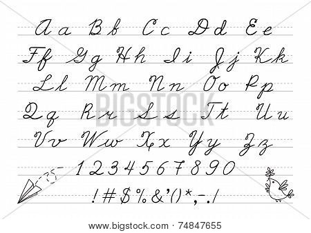 Hand drawn uppercase calligraphic alphabet and number.