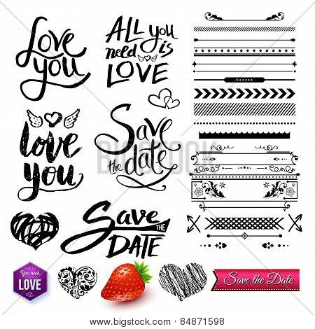 Set of Love Texts, Borders and Symbols on White