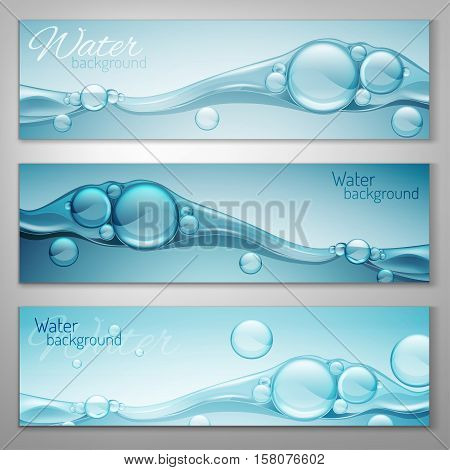 Transparent water wave image with bubbles. Vector illustration in light blue colours. Purity and freshness concept. Website abstract water background banner or header set.