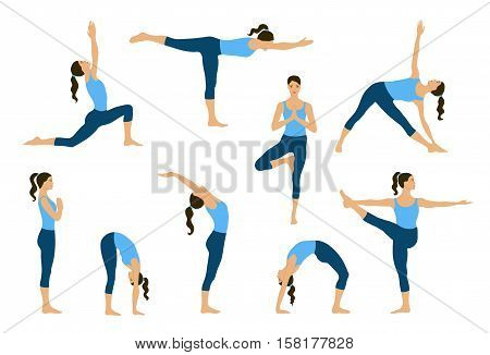 Set of yoga poses. Young women do yoga exercises. Yogi in yoga asana. Vector yoga illustration. Healthy lifestyle with yoga poses. Isolated yoga girls silhouettes.