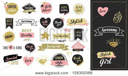 Fashion patch badges and stickers, labes and sale tags. Gold hearts, speech bubbles, stars and other elements. Vector element, backgrounds. Set of stickers, pins, patches, chic style