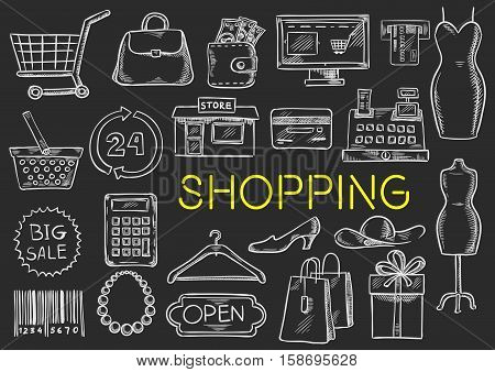 Shopping icons set. Vector isolated chalk sketch shopping items on blackboard. Shopping basket, price tag, barcode, money purse bag, shop counter, woman dress, credit card, clothes hanger, shoes, shopping gift box, discount offer label