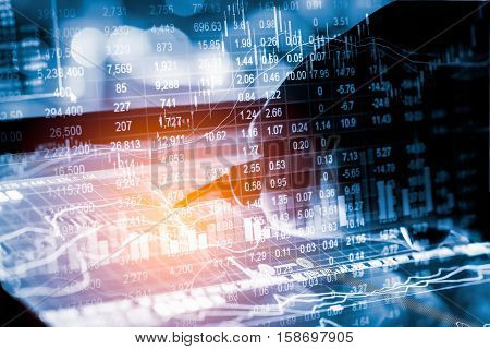 Stock Market Indicator And Financial Data View From Led. Double Exposure Financial Graph And Stock I