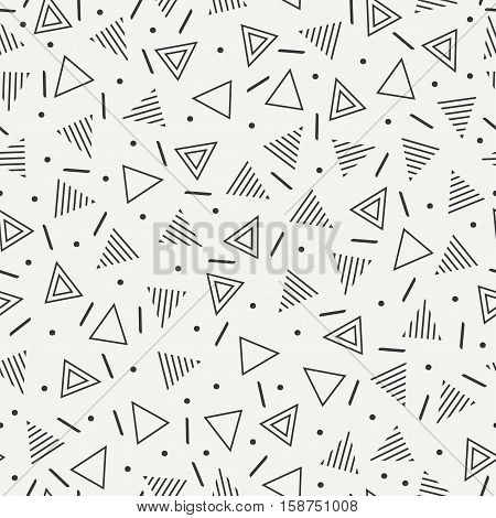 Retro memphis geometric line shapes seamless patterns. Hipster fashion 80-90s. Abstract jumble textures. Black and white. Triangle. Memphis style for printing, website, fabric, poster, cards