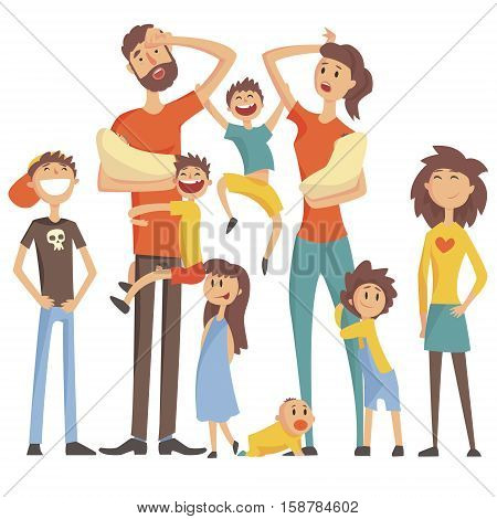 Happy Caucasian Family With Many Children Portrait With All The Kids And Babies And Tired Parents Colorful Illustration. Cartoon Loving Family Members Drawing With Children Of Different Ages, Man And Woman.