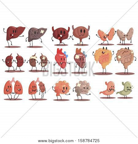 Human Internal Organs Healthy Vs Unhealthy Set Of Medical Anatomic Funny Cartoon Character Pairs Of Organism Parts In Comparison Happy Against Sick And Damaged. Vector Illustrations Set With Humanized Intestines, Brain, Liver , Kidneys And Other Anatomic 