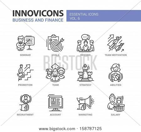 Busness and Fnance - modern vector thin line flat design icons and pictograms set. Seminar, goals, team motivation, promotion, team, strategy, abilities, recruitment, account, marketing salary