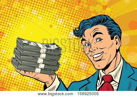 Financial success businessman with money, pop art retro comic book illustration. Lottery and cash prize