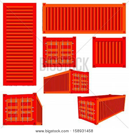 Vector isolated set of renderings of the cargo container of various species. 3D illustration of transport logistics. Cargo container or shipping container.