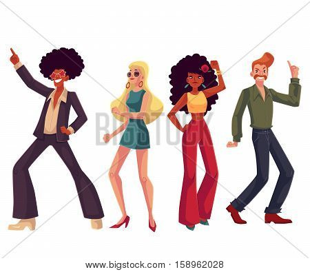 People in 1970s style clothes dancing disco, cartoon style vector illustration isolated on white background. Men and women in 60s, 70s style clothing dancing at retro disco party