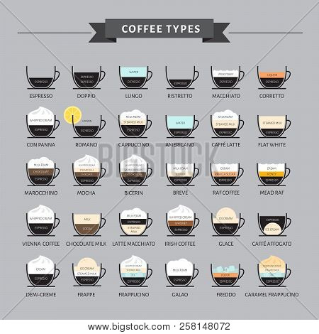 Types Of Coffee Vector Illustration. Infographic Of Coffee Types And Their Preparation. Coffee House