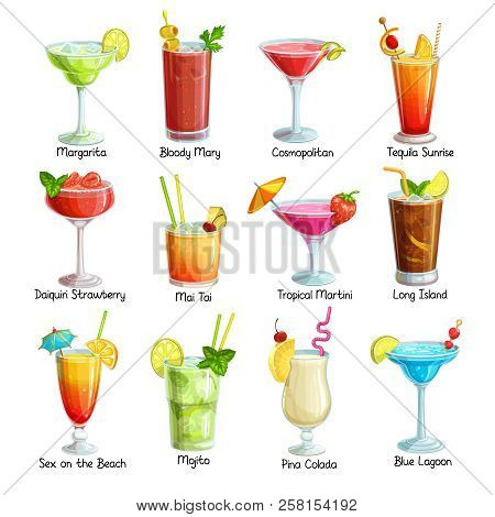 Set Of Tropical Cocklails. Summer Alcoholic Holiday And Beach Party Drinks. Long Island, Bloody Mary