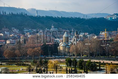 Georgia - Tbilisi. View To The Most Famous Park And Peace Bridge In Tbilisi, Downtown In Wintertime 