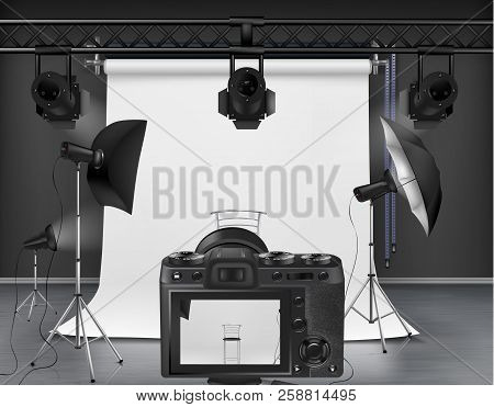 Vector Photo Studio With White Roll-up Screen, Digital Camera, Spotlights And Softboxes On Tripod St