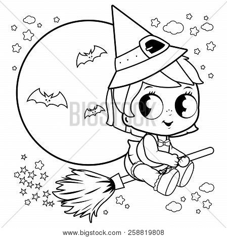 Baby Halloween Witch Flying With Broom In The Night Sky. Black And White Coloring Book Page