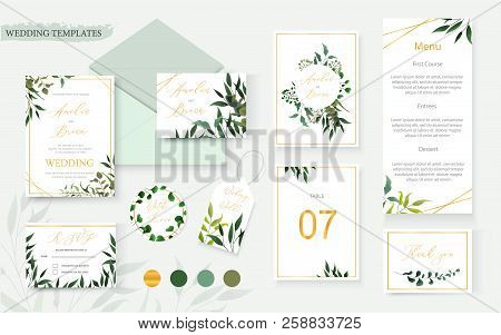 Wedding Floral Gold Invitation Card Envelope Save The Date Rsvp Menu Table Label Design With Green T