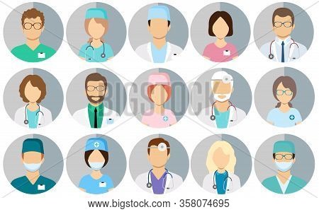 Avatar Doctors. Medical Staff - Set Of Icons With Doctors, Surgeons, Nurses And Other Medical Practi