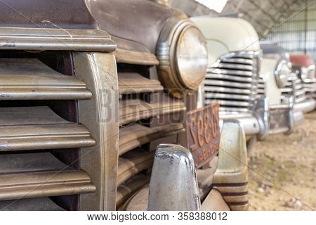 Parts Of Old Abandoned Rusty Vehicles, Crushed Cars In Scrapyard, Junk Yard Needed To Be Utilised An