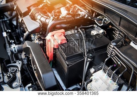 Battery Car Engine Detail Motor / Close Up Of Machine New Batteries Car Engine Checking Car Battery 