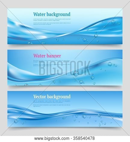 Water Splashes Banners. Liquid Flowing Waters With Bubbles Water Purifier Vector Clean Eco Concept. 