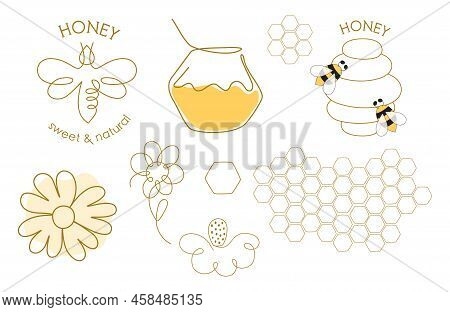 One Line Honey Bee Logo Set. Single Continuous Line Drawing Icons Flowers, Honey Bee, Bee Jar, Beehi