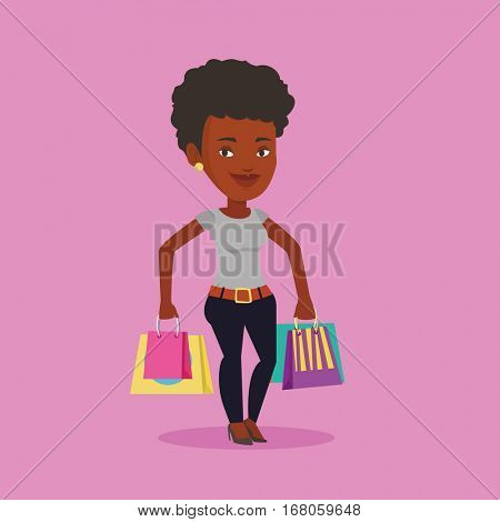 Happy african-american woman carrying shopping bags. Young smiling woman holding shopping bags. Woman standing with a lot of shopping bags. Vector flat design illustration. Square layout.