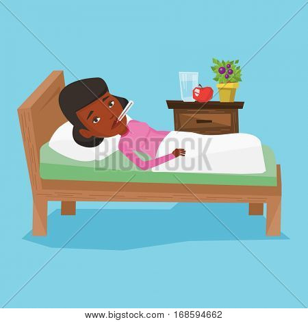 African sick woman with fever laying in bed. Sick woman measuring temperature with thermometer in mouth. Sick woman suffering from cold or flu virus. Vector flat design illustration. Square layout.