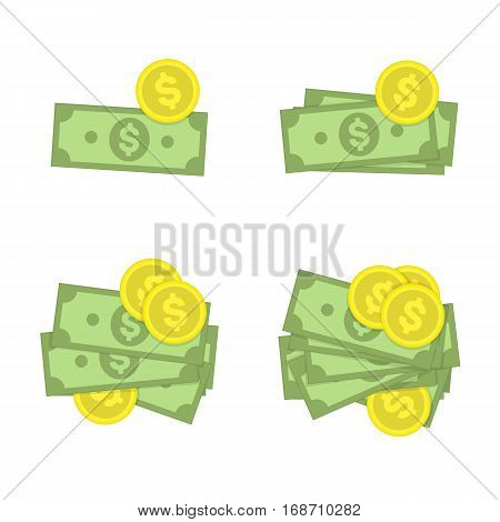 Money icon set. Collection of stacked pile of dollars cash and gold coins. American Banknotes in modern flat style. Cash money concept. Vector illustration of US Currency isolated on white background