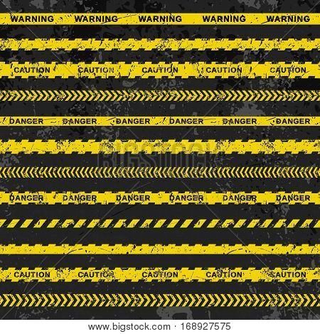 Grunge vector set of seamless caution tapes on dark background. Illustration consists of 