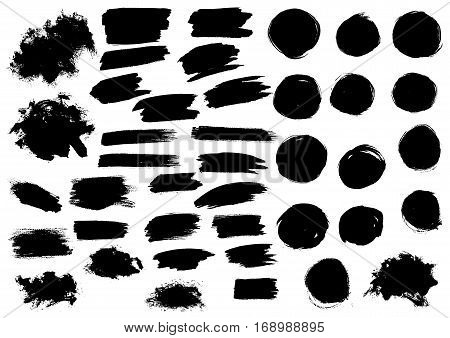 Paint blobs and daubs, black watercolor blots and blotches, marker or felt tip pen strokes. Vector grunge texture scribbles, abstract dash lines or brushstrokes dabs, ink smear smudges and stains traces set with grunge texture