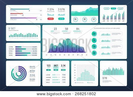 Infographic Dashboard Template. Simple Green Blue Design Of Interface, Admin Panel With Graphs, Char