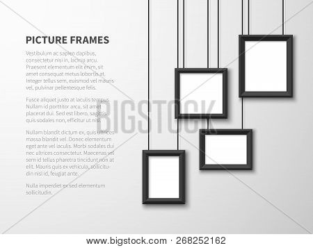 Blank Hanging Frames. Pictures, Photo Frames On Light Wall. Contemporary Vector Interior. Illustrati