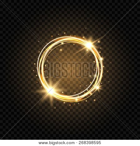 Light Golden Circle Banner. Abstract Light Background. Glowing Gold Circle Frame With Sparkles And S