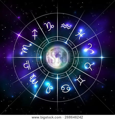 Mystic Zodiac Wheel With Star Signs In Neon. Astrology Circle On Cosmic Background And Moon In Middl