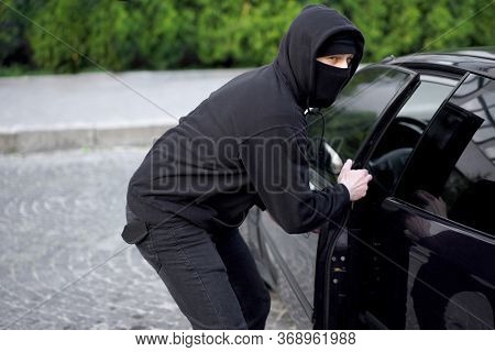 Car Thief Steal Car Breaking Door Criminal Job Burglar Hijacks Auto Thief Black Balaclava Hoodie Try