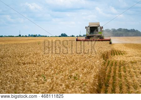 Agriculture Process In Wheat Field. Heavy Technics. Rural Landscape. Harvest Time.