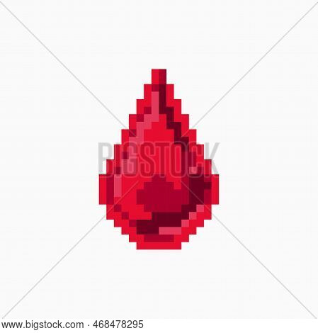 Vector Isolated Illustration Of A Pixel Red Blood Drop. Retro Bit Game Art Style