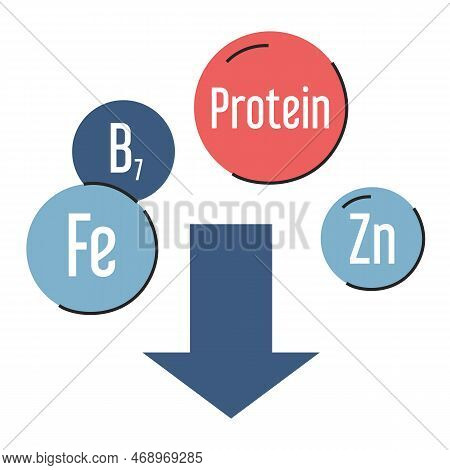 Vitamin Deficiency Vector Isolated. Low Protein, Zinc, Biotin And Iron. Concept Of Medicine And Heal