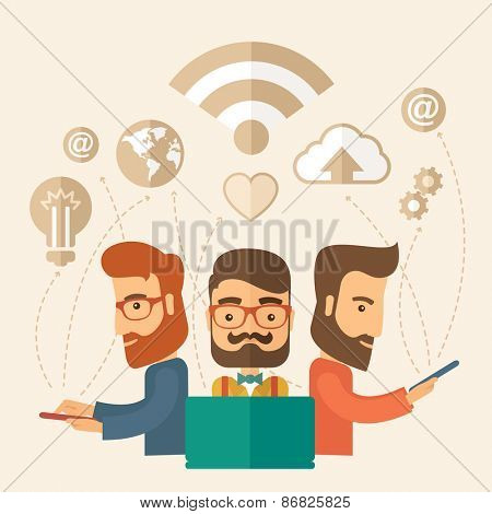 Three outstanding hipster Caucasian employees with beard discussing and sharing brilliant ideas, gathering an information, preparing for their marketing plan presentation using their tablets