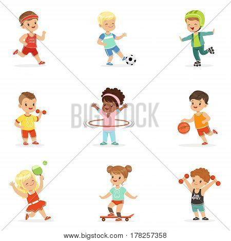 Small Kids Playing Sportive Games And Enjoying Different Sports Exercises Outdoors And In Gym Set Of Cartoon Illustrations. Cute Children And Active Lifestyle Series Of Adorable Characters.