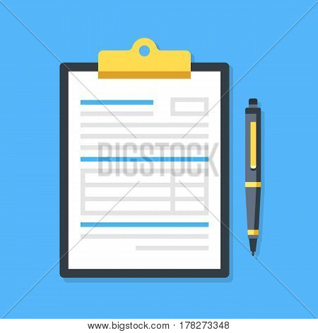 Clipboard with document and pen. Filling insurance claim form, paperwork, income tax form, write a report, business concepts. Premium quality. Modern flat design graphic elements. Vector illustration