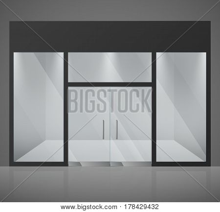 Empty fashion store, shop with big glass window and entrance vector illustration. Fashion empty store, exterior window front store