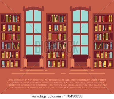 Modern library empty interior with bookcase, bibliotheca with bookselves vector illustration. Interior of library with bookshelf, wooden shelf with book for library