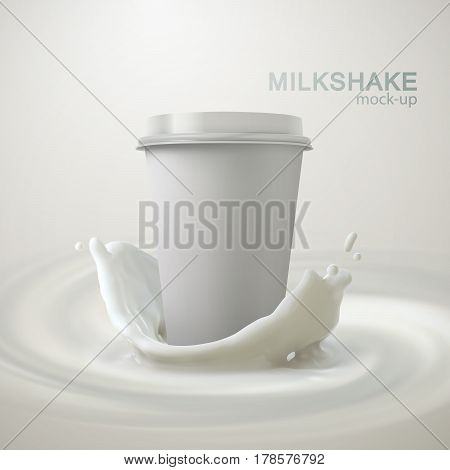 Paper milkshake cup with milk crown splash on creamy swirling whirlpool background. Vector 3d food illustration. Milkshake cup package mockup for ad poster design. Vector template