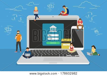 Mobile banking concept illustration of people using laptop and mobile smart phone for online banking and accounting. Flat men and women near big gadgets with credit cards and bank symbols