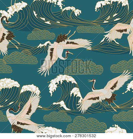 Japanese Storks In Vintage Style On Blue Background. Oriental Traditional Painting. White Stork. Jap