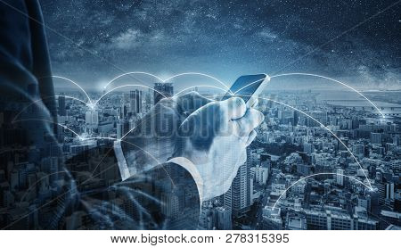 Business Network, Blockchain Technology, Internet Connection And Cloud Technology. Double Exposure B