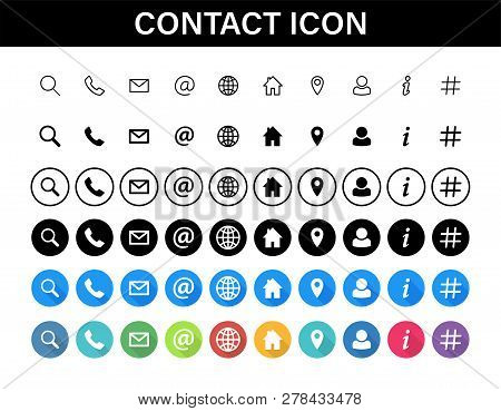 Contacts Icon Set. Collection Social Media Or Communication Symbols. Contact, E-mail, Mobile Phone, 