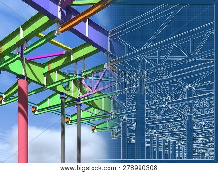 3d Rendering. Bim Model Of Metal Structure. The Building Is Made Of Metal Structures. Building Infor