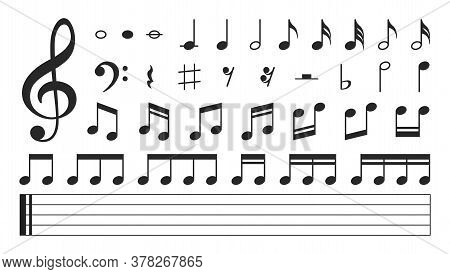 Set Of Musical Notes. Black Musical Note Icons. Music Elements. Treble Clef. Vector Illustration.